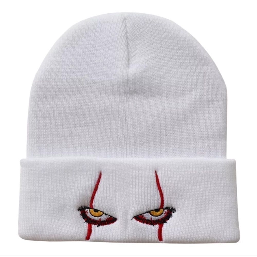 Scary Red Eyes Embroidery White Rib Knit  Beanie Skullcap NEW